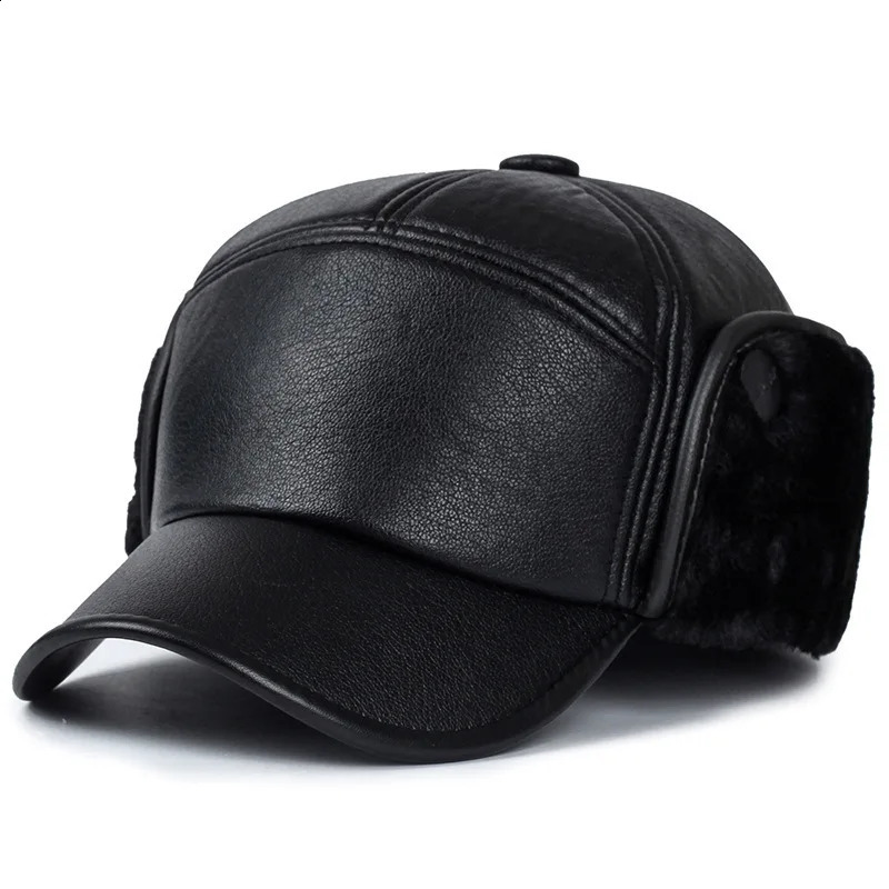 Black Leather Fur Baseball Cap For Men Winter Warm Hat Women Bones Dad Caps Gorras Earflaps Thicken Caps 241227