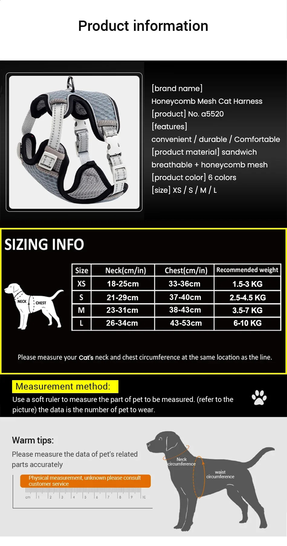 ATUBAN Cat Harness and Leash for Walking Small Escape Proof Cat Harness Large Adjustable Reflective 250106