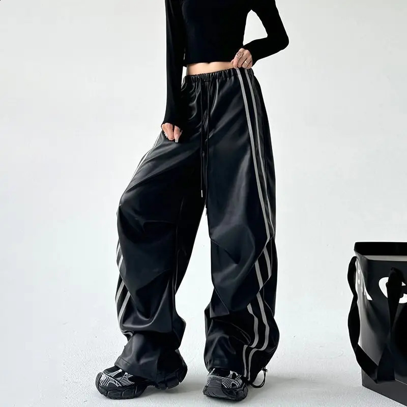 Y2K Fashion Black PU Leather Side Striped Casual Pant Retro Street Girls Loose Harajuku High Waist Straight Pants 241223