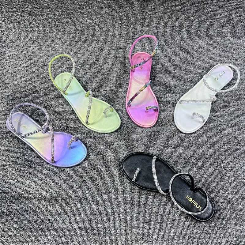 High Quality Summer Flat Rhinestone Sandals Womens Fashion Outwear Plus Size Beach Casual Slip on Roman Sandals Womens Sandals T241227