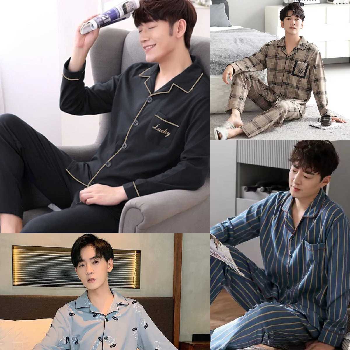 2PCS/Set Pajamas Mens Autumn and Winter Long-Sleeved Cotton Style Big Size Outside Casual Striped Solid Homewear Clothing SuitXJ241227