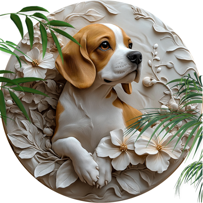 Customized Beagle Pet Ornaments - 2D Printed Circular Aluminum Decorative Paintings, Unique Pet Souvenir Tombstones