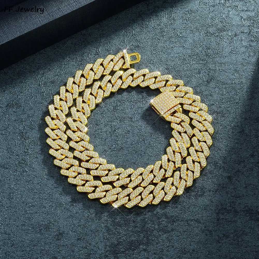 15mm Cuban Link Chain For Men Silvery/Golden d Out Rhinestone Miami Necklace Choker for Women with Box Clasp Hip Hop A+++XJ241227