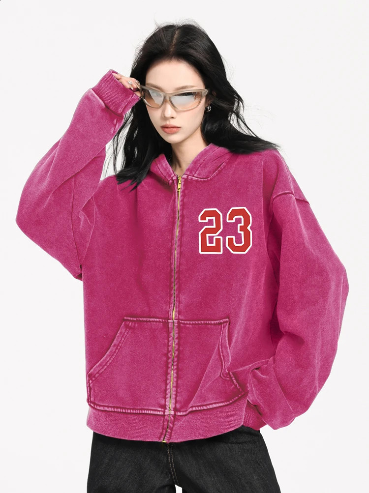 Simple Number 23 Printed Female Washed Zipper Hoody Hip Hop Sweatshirt High Quality Hooded Autumn Casual Streetwear Women 241223