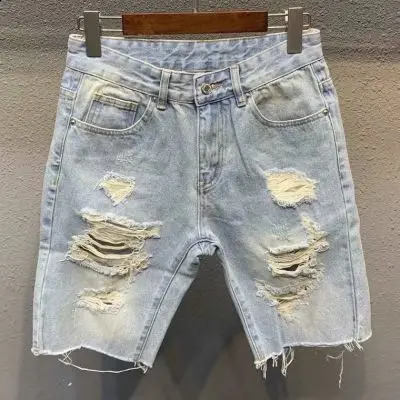 Summer Mens Ripped Denim Shorts Light Blue Knee Length Jeans Fashion Trend Raw Hem Beggar Pants Short Breeches 241227