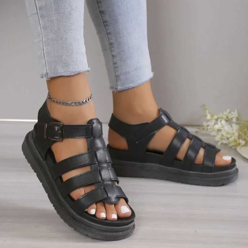 High Quality Women Sandals Summer Toe Openwork Braided Gears Platform Sandals Female PU Leather Roman Beach Black Hollow Shoes T241227