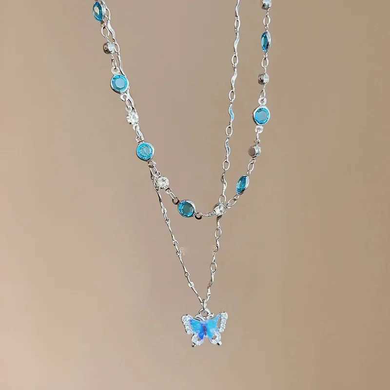 XINYI Romantic Blue Crystal Butterfly Necklace for Women Girls Simple Shiny Zircon Bilayer Choker Clavicle Chain Fine JewelryXJ241227