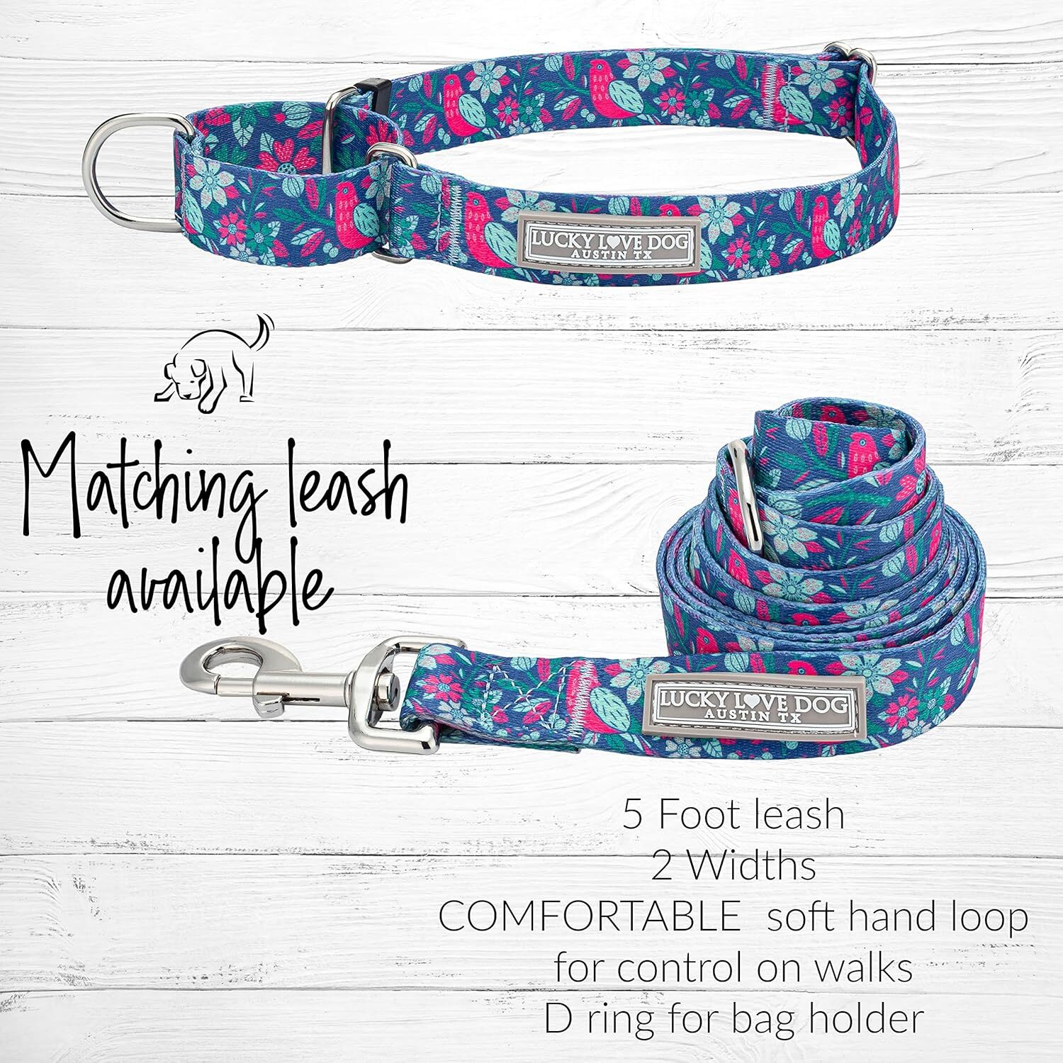 Lucky Love Dog, Fantastical bird and horse Dingell dog collar, bright pink, mint, blue flower medium anti slip dog collar M, Carriebelle Mart