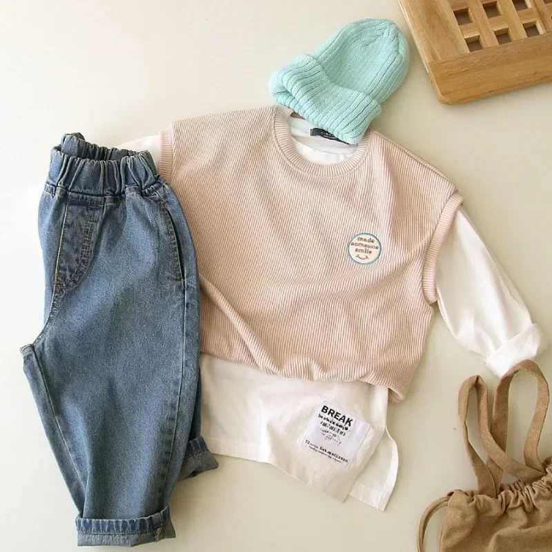 Korean Sle Spring Boys Jeans Girls Solid Casual Pants Unisex Fashion Loose All-match Denim Trousers for Kid Pocket Harem Pants W241227