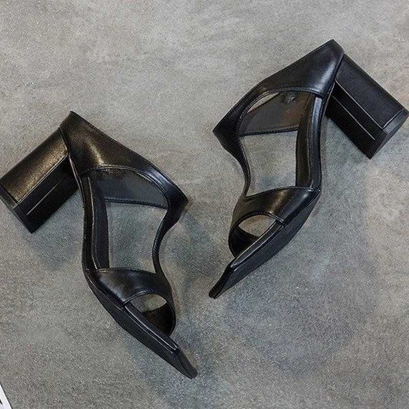 High Quality Womens High Heel Shoes Spring New Slippers Fashion Versatile Solid Color Medium Heel Thick Heel Square Toe Sandals Women T241227