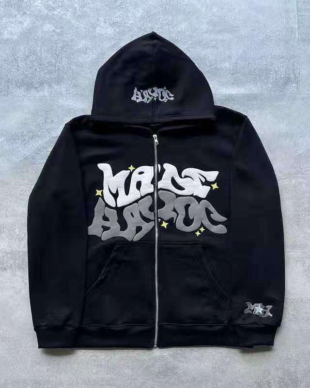 2024 New Street Hip Hop Foam Printed Letter Cardigan Zipper Hoodie Youth Casual Sweatshirt