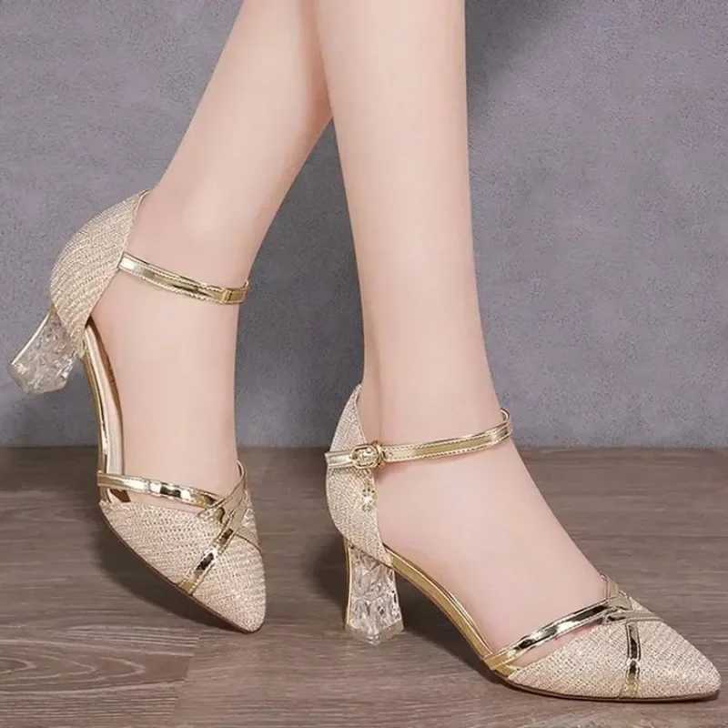 High Quality Gold Women Sandals Party High Heels Slip-On Solid Sexy for Ladies Quality Wedding Nightclub Sequin Shoes T241227