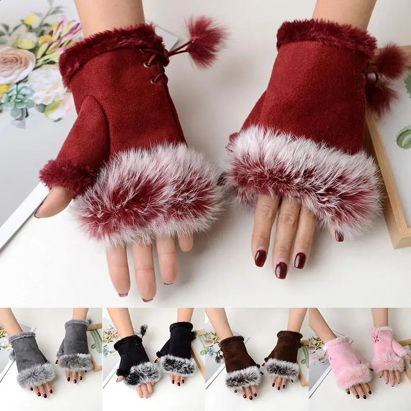 Winter Rabbit Fur Half-finger Gloves Fashion Warmth Sexy Faux Rabbit Fur Hand Wrist Women Fingerless Gloves Ladies Mittens 241227