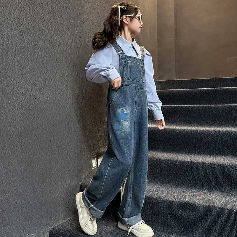 Fashion Children Jeans Overalls for Baby Girls Kids Blue Denim jumpsuit Suspended Pants with Straps Age 5 6 7 8 9 10 11 13 14 W241227