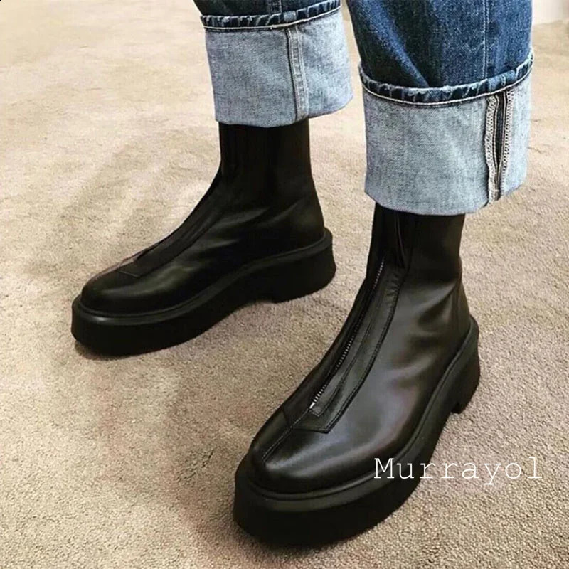 Cow Suede Thick Sole Solid Color Short Boots Women Front Zipper Ankle Botas Autumn Winter Versatile Riding Boots 241226