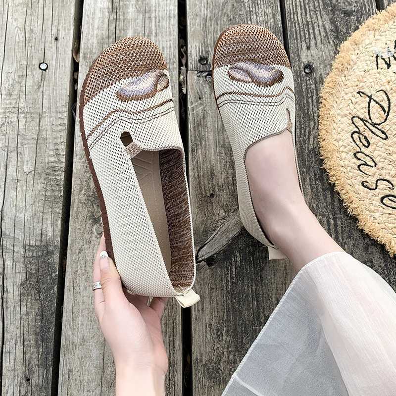 High Quality Loafers Womens Square Toe Breathable Slip on Square Toe Mesh Women Flats Shoes Soft Bottom Knit Ballet Flats Shoes T241227