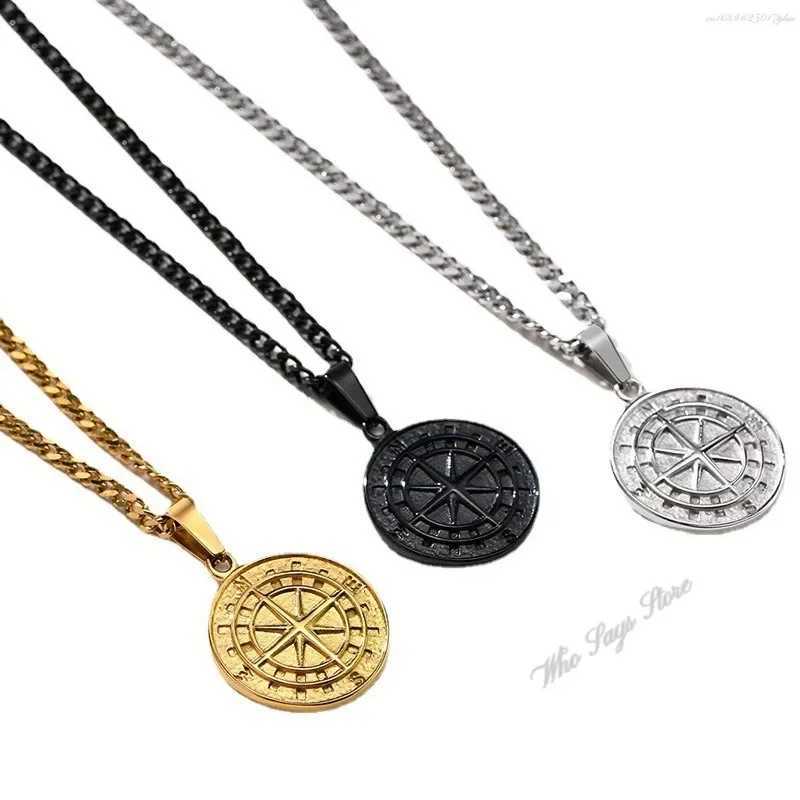 Stainl Steel Jewelry Mens Layered Alloy Necklace Navigation Compass Pendant Cuba Figaro Wheat Chain Casual Vintage NecklaceXJ241227