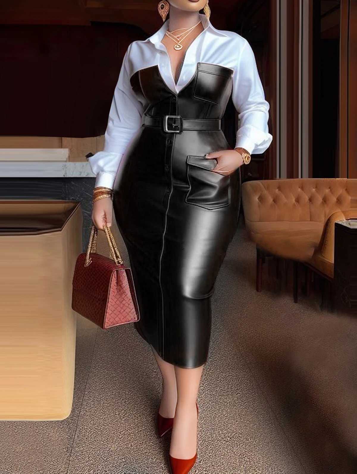 Womens shirt collar dress new autumn button length Slve PU leather patch work pocket tight waistband lapel womens Midi dress X241226