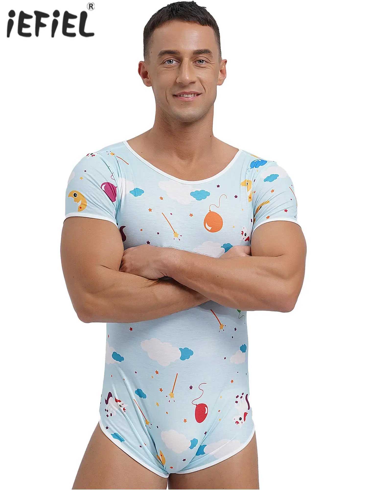 Sexy Mens Short Sleeve Buttoned Crotch Diaper Rompers Pajama Cute Cartoon Print Sissy Bodysuit Sleepwear Swimwear Bathing SuitXJ241227