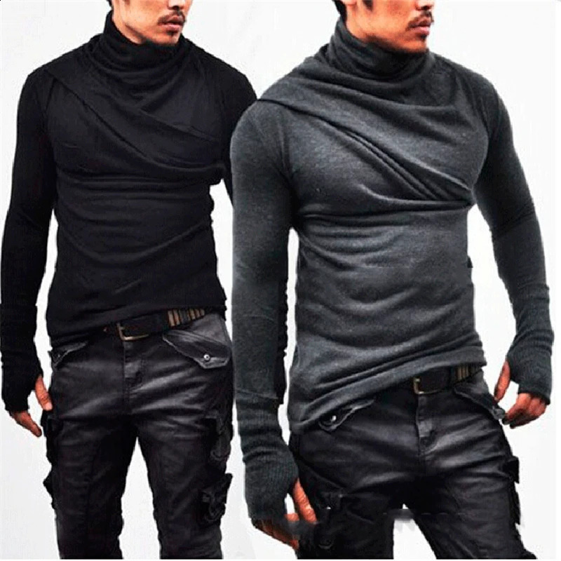 XingDeng men turtleneck mittens long sleeve T-shirt Men fashion casual tee gloves male slim fit punk costume clothing top coats 241223bj
