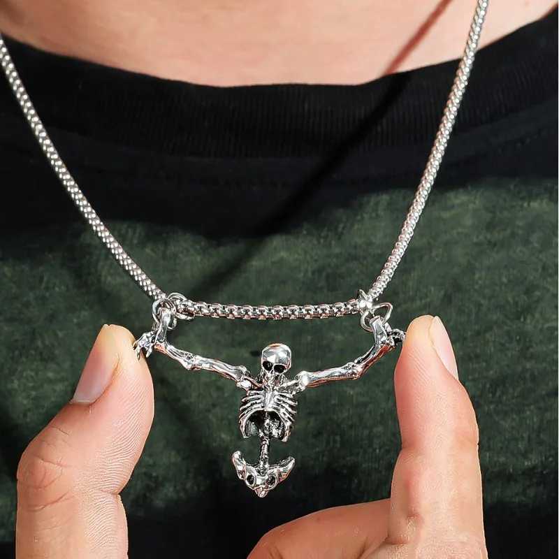 Halloween Dark Skull Pendant Necklace Retro Gothic Adjustable Chain Alloy Necklace Punk Human Skeleton Jewelry Pendant ChainXJ241227