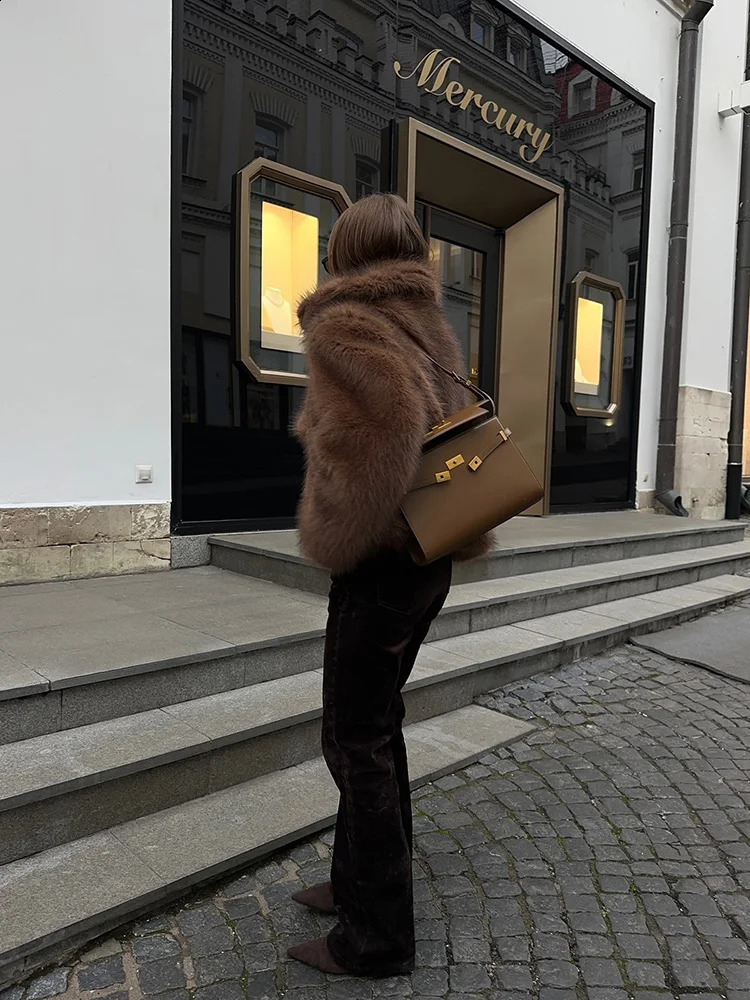 TRAF Womens Fashion Concealed Button n Loose Jacket Autumn and Winter Faux Fur Effect Short Coat Tops 241223