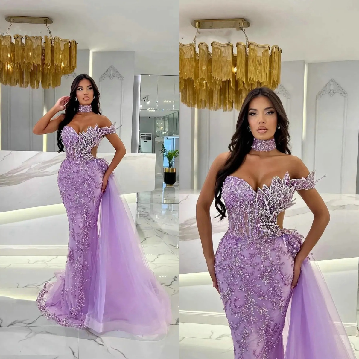 Exquisite Evening Dresses For Women Sweetheart Neck Sleeveless Gown Sequins Beaded Appliques Sweep Train Customized Dress Party
