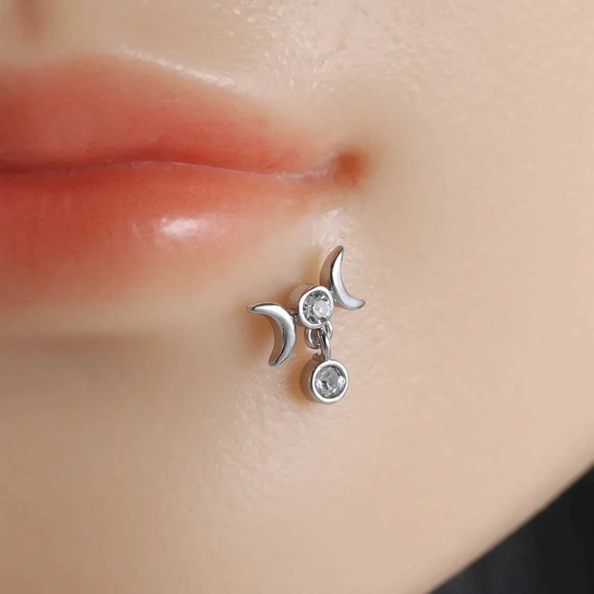 1pc Stainless Steel Rhinestone Lip Stud Crescent Pendant Cross Spider Fan Cartilage Ear Tragus Piercing Jewelry W241227