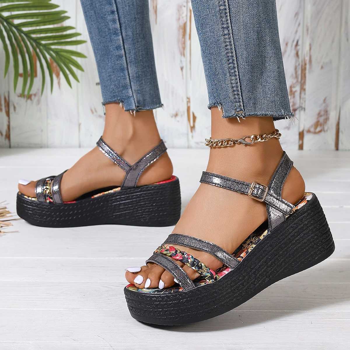 High Quality Womens Platform Wedge Sandals Summer High Heel Round Toe Comfortable Floral Woman Designer Gold Shoes Luxury Sandalias T241227