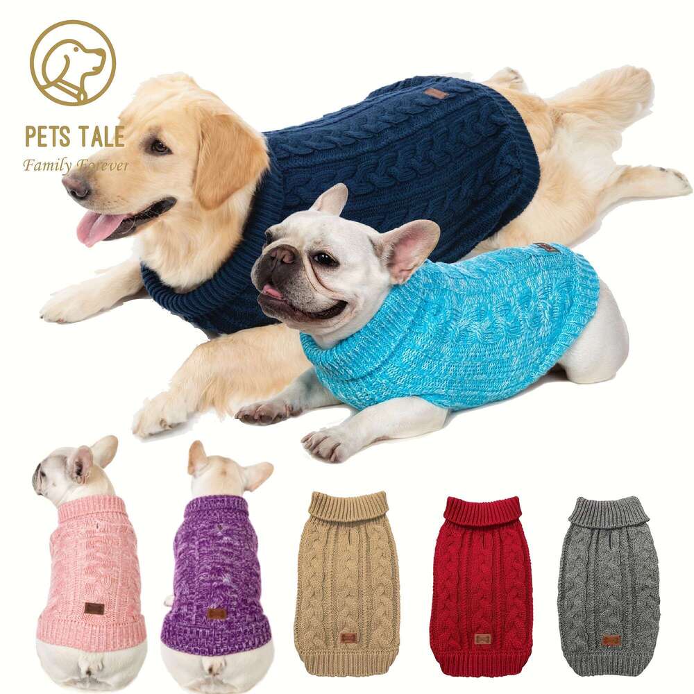 PETS TALE Premium Navy Blue Dog Sweater with Twisted Rope Design and Faux Leather Label - Cozy Knit Pullover for Small to Large Breeds, hine Washable