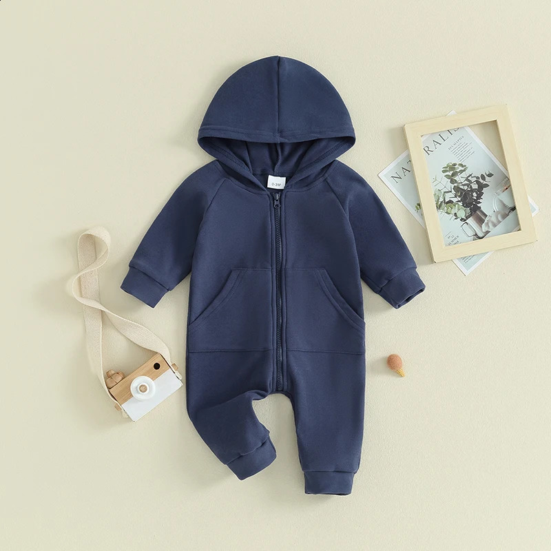 Pudcoco Fall Spring Infant Baby Clothing Boys Girls Hooded Jumpsuits For born Long Sleeve Solid Color Zip Up Rompers 241226