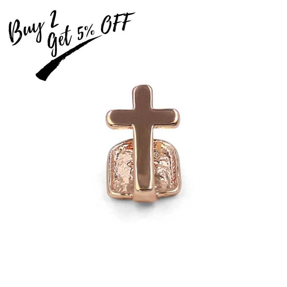 TOPGRILLZ Single Cross Teeth Grillz Yellow Gold Color Plated Canine One Tooth Grills Upper Hip Hop Top Fangs Hollow Grill W241227