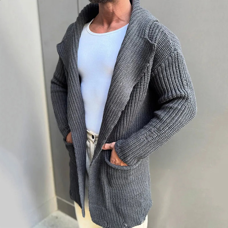 2025 Spring Trendy Mens Sweater Jacket Coat Vintage Pockets Turn-down Collar Knitting Coats Men Casual Solid Color Sweatercoats 241224