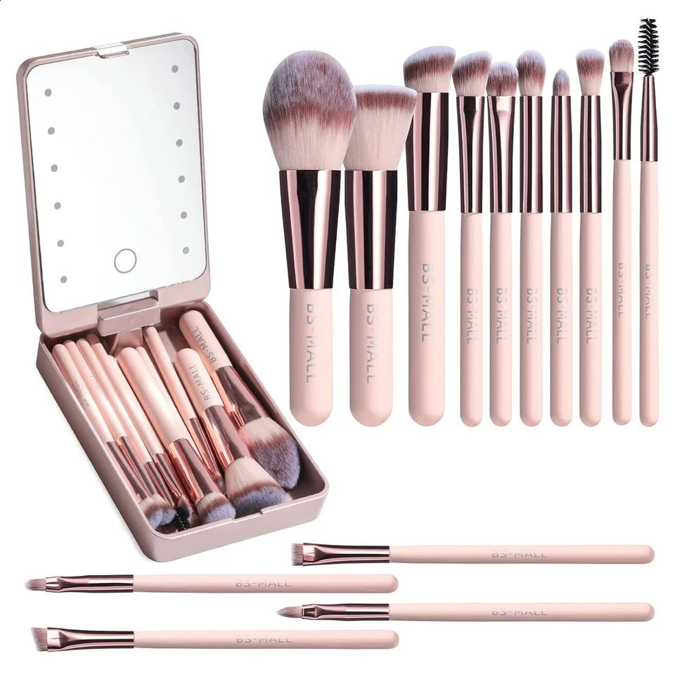 Versatile Makeup Brush Set with Mini LED Light Mirror - for Daily Use or Travel - Ultra-soft Synthetic Bristl 241223