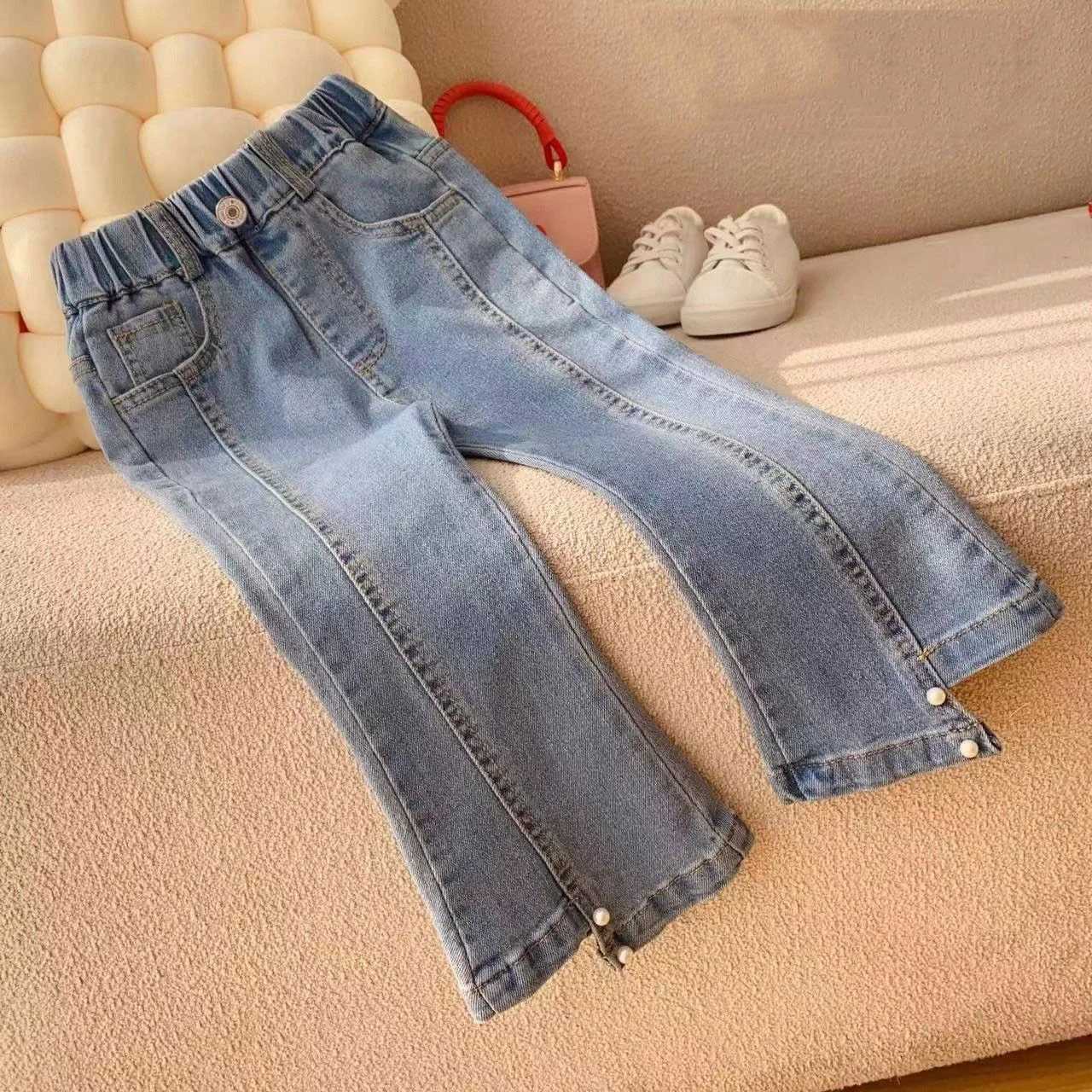 Autumn Childrens Jeans for Girls Patchwork Elastic Waist Babies Denim Pants for Girls 1-8Y Girls Versatile Flared Pants W241227