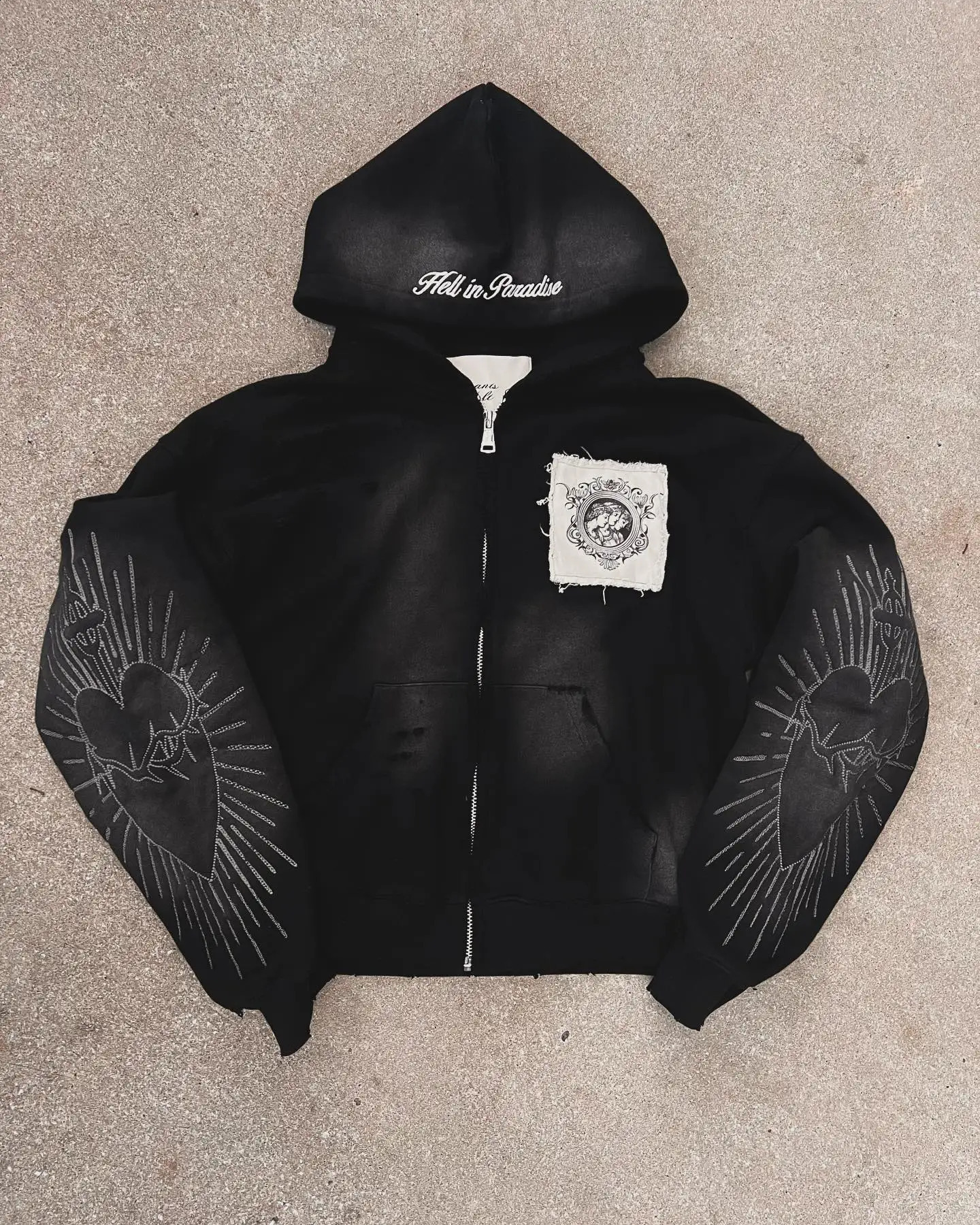 Hell in Paradise Street Retro Gothic Style Zip Up Hoodie Y2k Alphabet Embroidery Patchwork Hoodies Loose Sweatshirt Men Clothing 241227