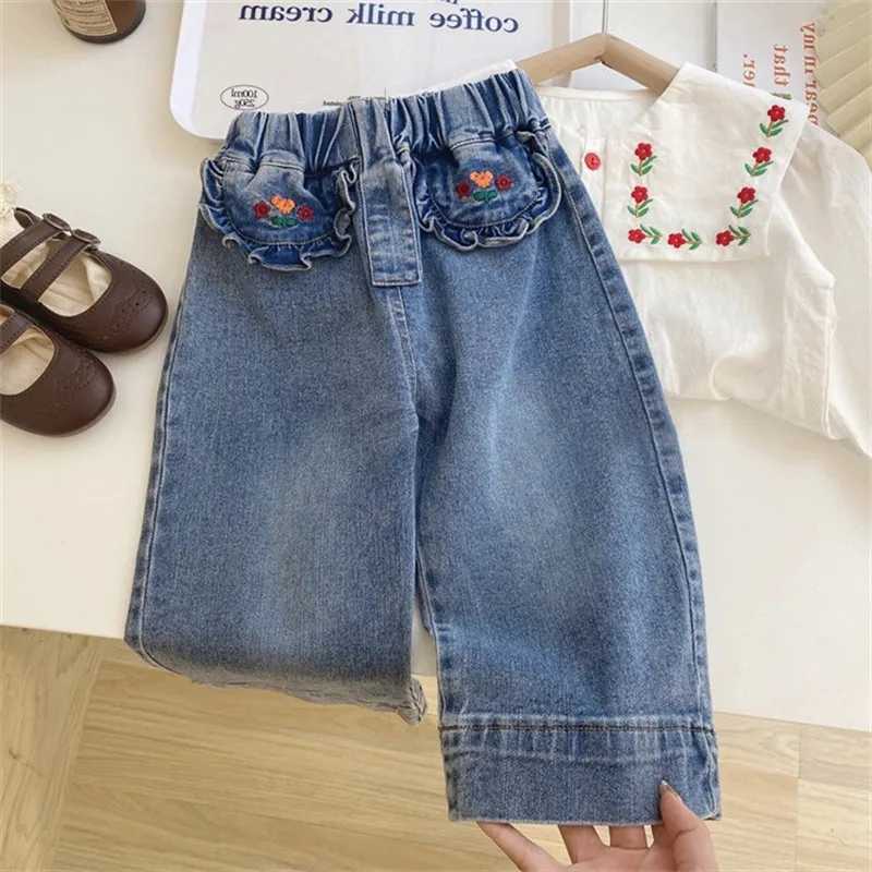Girls Loose Jeans Children Temperament Straight Pants Girls Fashionable Embroidered Wide Leg Pants W241227