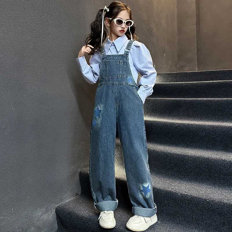 Fashion Children Jeans Overalls for Baby Girls Kids Blue Denim jumpsuit Suspended Pants with Straps Age 5 6 7 8 9 10 11 13 14 W241227