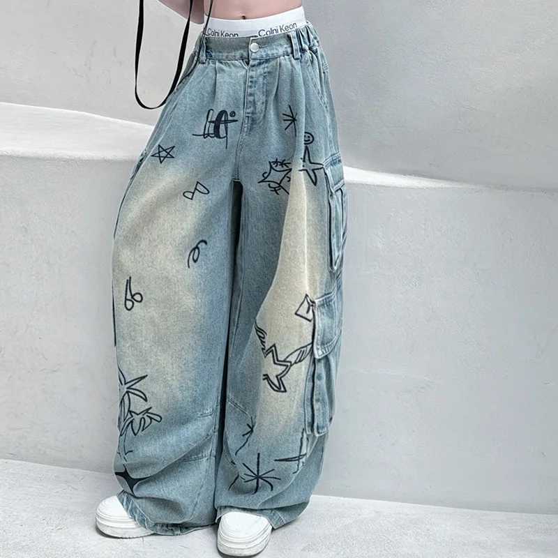 Retro graffiti loose teen girls jeans 12 junior girl summer design wide leg Cargo denim pants kids Multi pocket trousers W241227