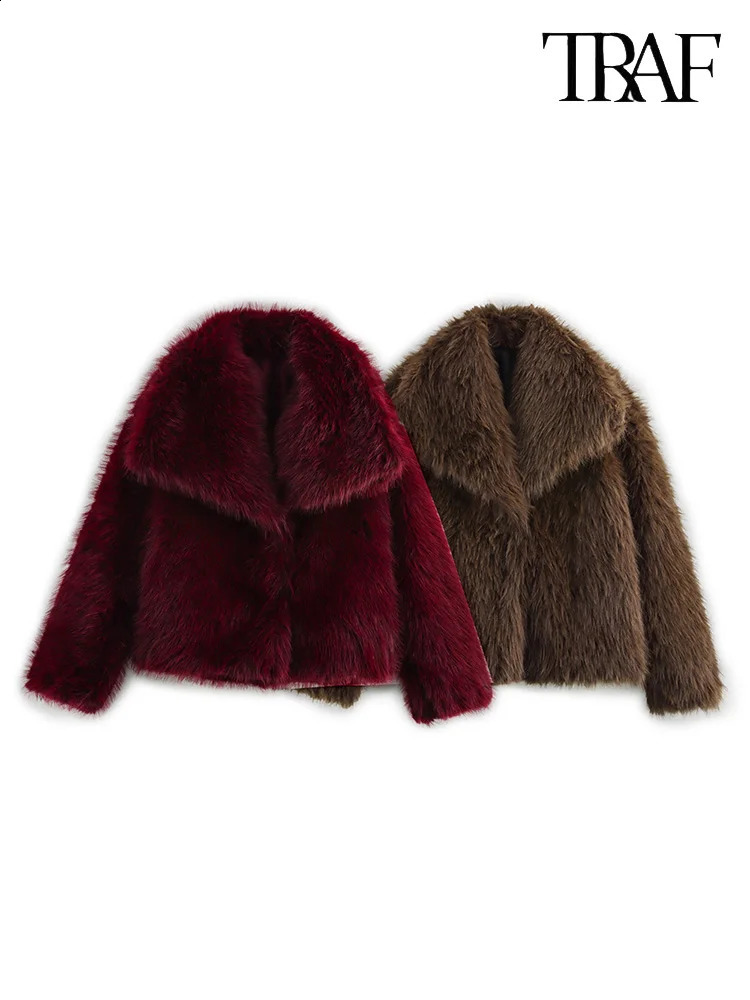 TRAF Womens Fashion Concealed Button n Loose Jacket Autumn and Winter Faux Fur Effect Short Coat Tops 241223