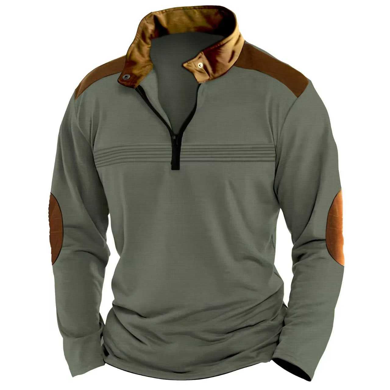 2025 Cross-border Mens Patchwork Pullover Zipper Solid Color POLO Shirt Zipper Long-sleeved Sports Polo Shirt Crazy Street Casual W250616