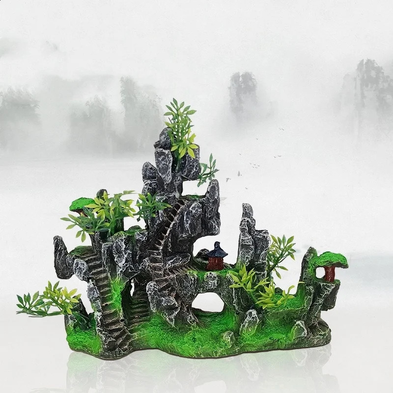 1Pcs Aquarium Mountain Rockery Landscape View Decoration Hill Hanging Bridge View Ornament Resin Fish Tank Decoration Large 241225