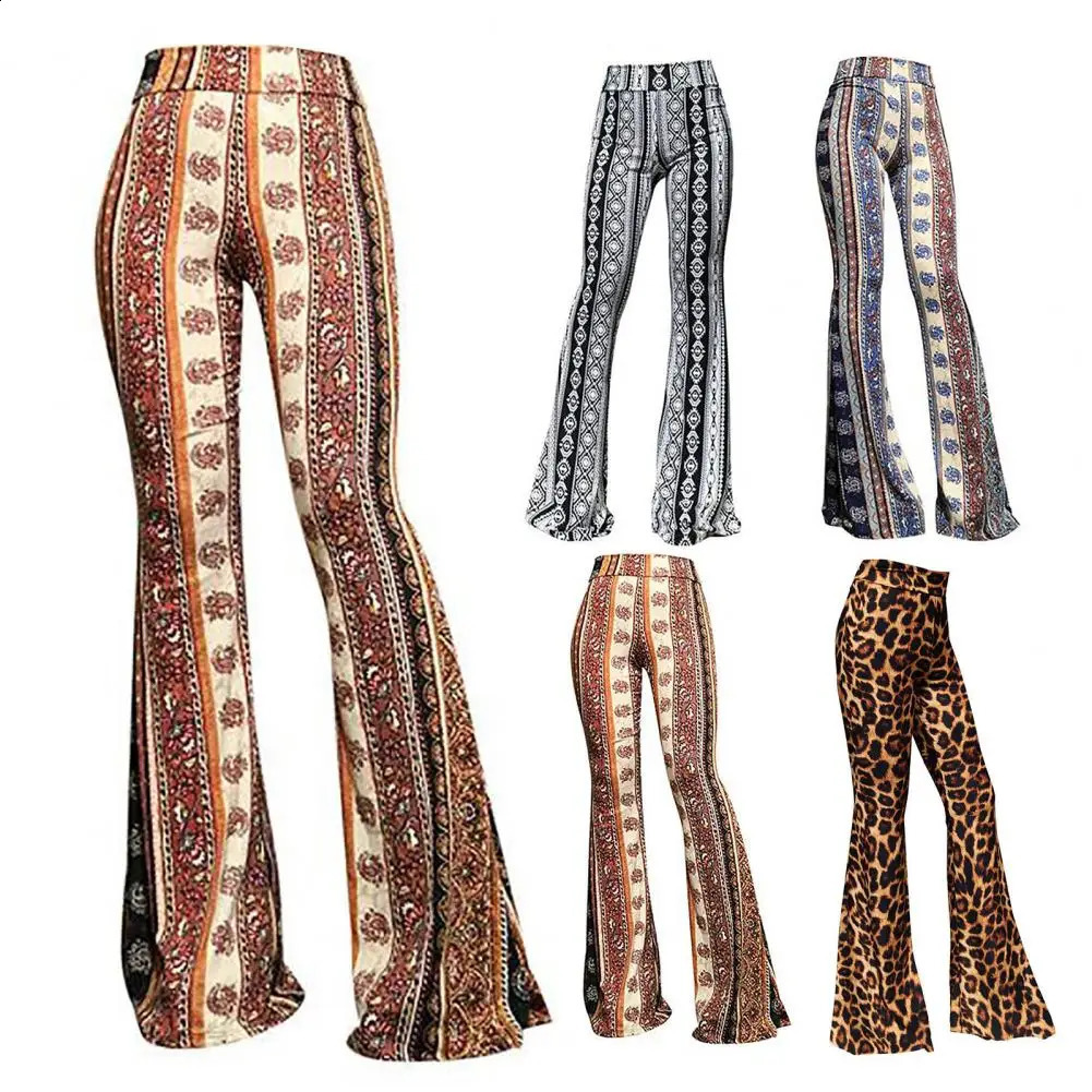 High Stretch Women Pants Soft Vintage 70s Leopard Print Flared Hem Long for Elastic Waist 250206