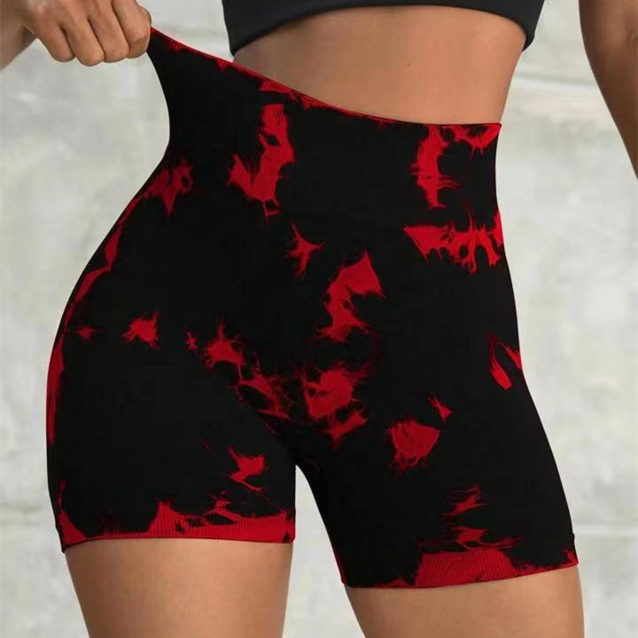 High quality women's European and American tie dye yoga shorts peach hip fitness pants high waist elastic tight fitting quick drying running spor