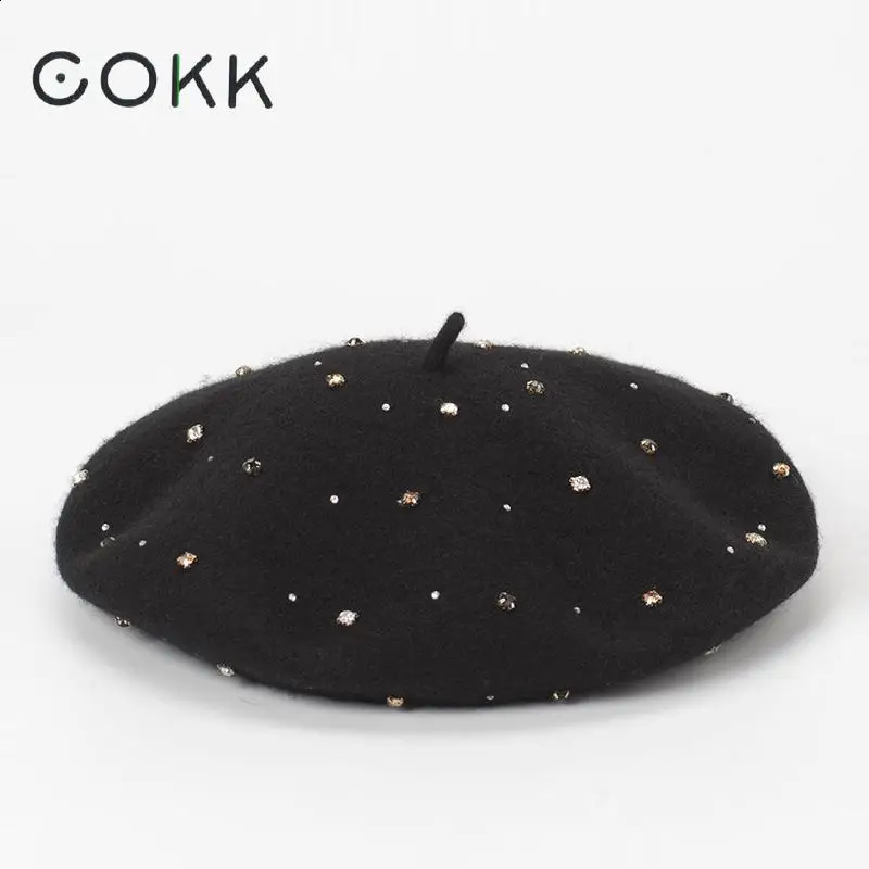 COKK Hand Sewing Wool Beret Women Hat Autumn Winter Rhinestone Beret Cap Hat Female Korean Painter Cap Boina Gorras Vintage 241226