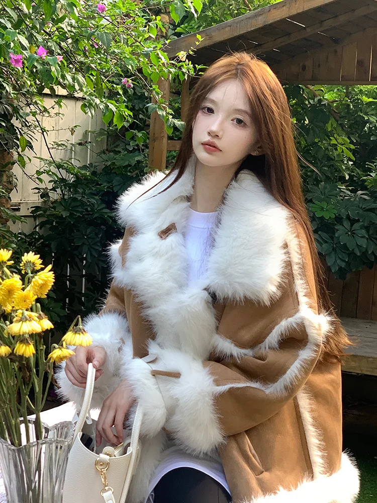 Fashion Fur Lamb Fleece Thickened Furs Collar Coat Women Winter Clothes Pink Warm Jacket Clothing 241223
