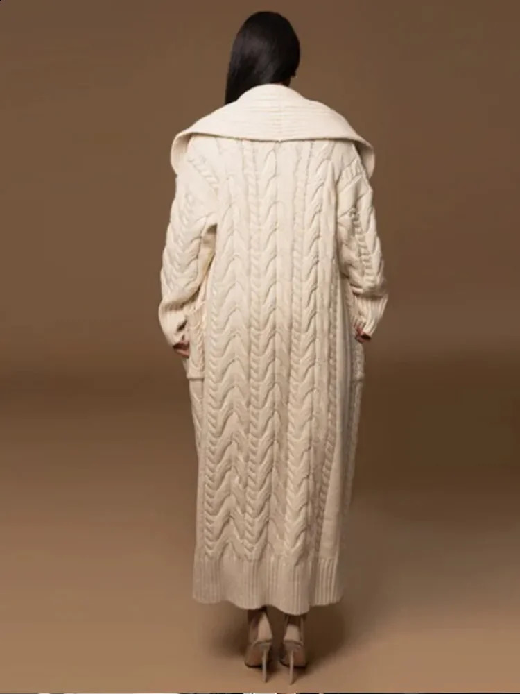 Fall Winter Women Solid Knitted Long Cardigan Fashion Large Lapel Full Sleeve Female Pockets Sweater Lady Commuting Outwears 241225