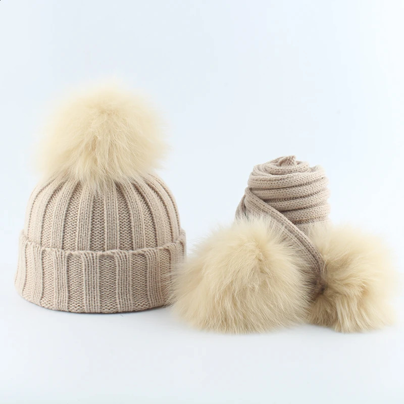 Baby Winter Hat And Scarf For Girls Boys Children Real Fox Fur Pompom Knitting Beanie Hats Kids 3 pieces Pom Hat 241227