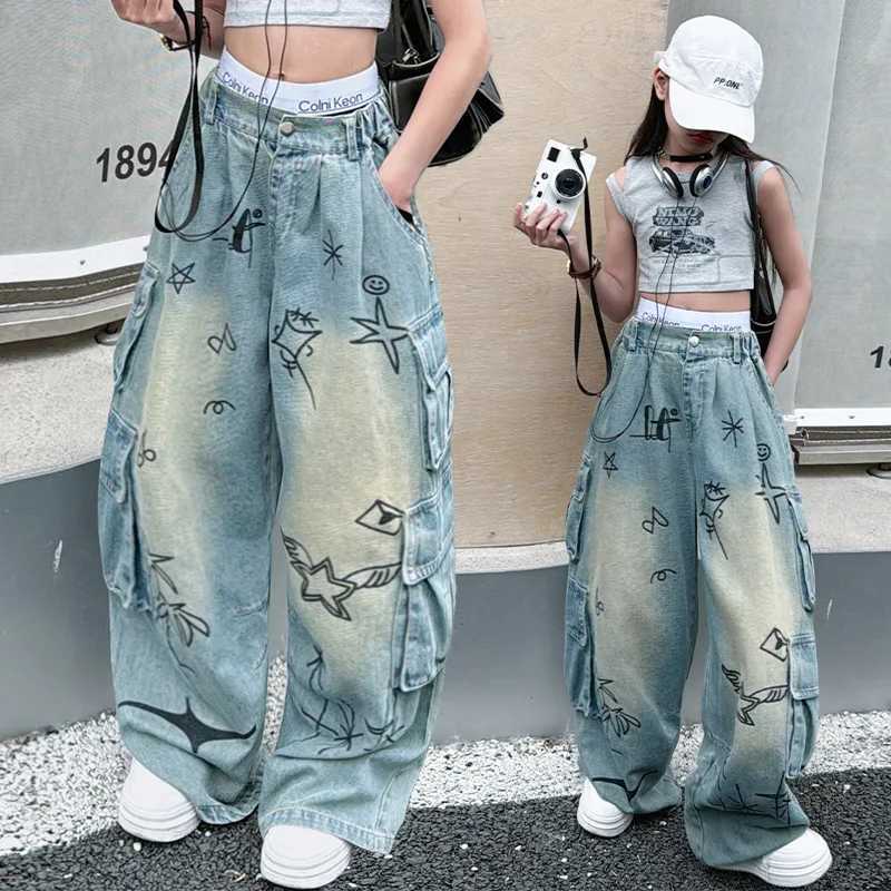 Retro graffiti loose teen girls jeans 12 junior girl summer design wide leg Cargo denim pants kids Multi pocket trousers W241227
