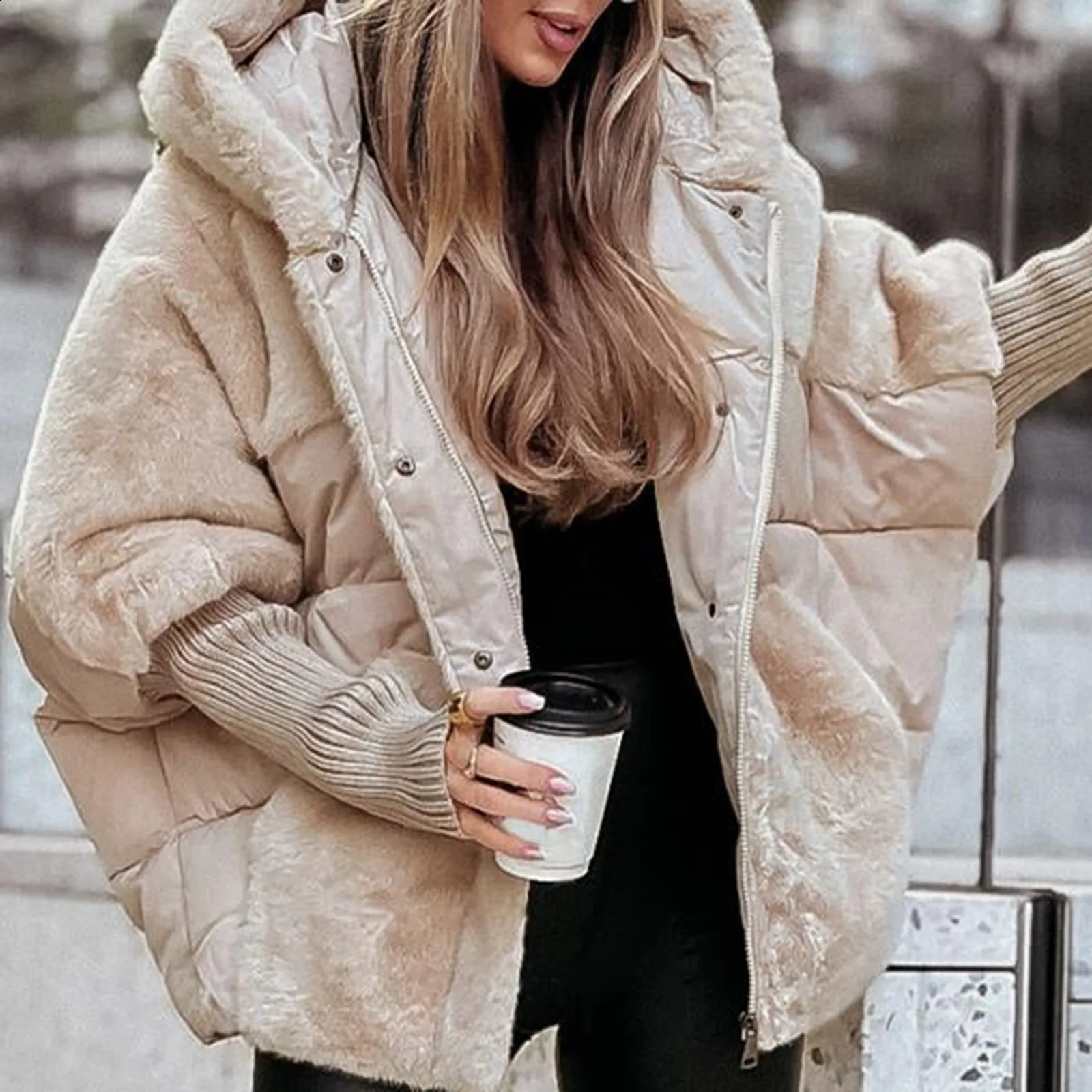 Womens Loose Cotton Coat Faux Fur Patchwork Winter Comfort Chic Long Sleeve Hooded Jacket Female Outwear Overcoat 241223